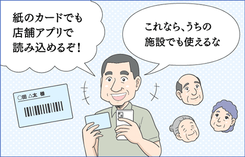 紙のポイントカードも店舗アプリで読み込めるので、ご高齢のお客様の多い施設でも簡単に使えます。