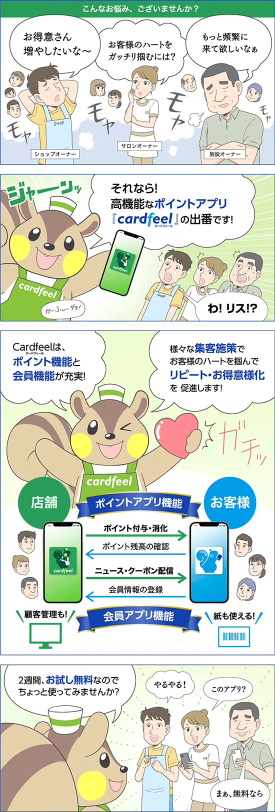 ポイントシステム【Cardfeel】でお悩み解決漫画。お得意さんを増やしたい、お客様に頻繁に来てほしい。そんな悩みを解決するCardfeel。ポイント機能と会員機能が充実しており、様々な集客施策でリピート・お得意様化を促進します。なんと2週間無料お試しも可能！ちょっと使ってみませんか？